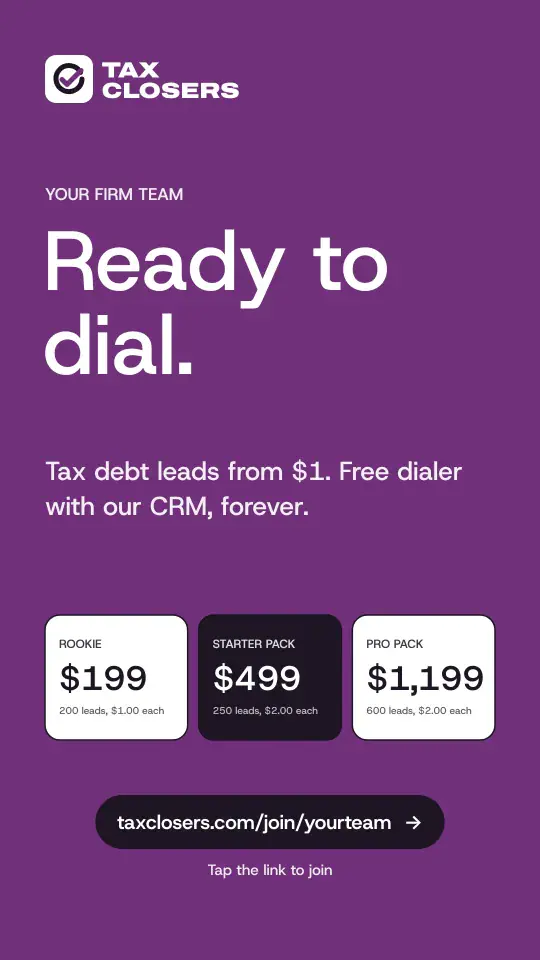 Story ad: Ready to dial, with TaxClosers tax lead pack prices and a team link